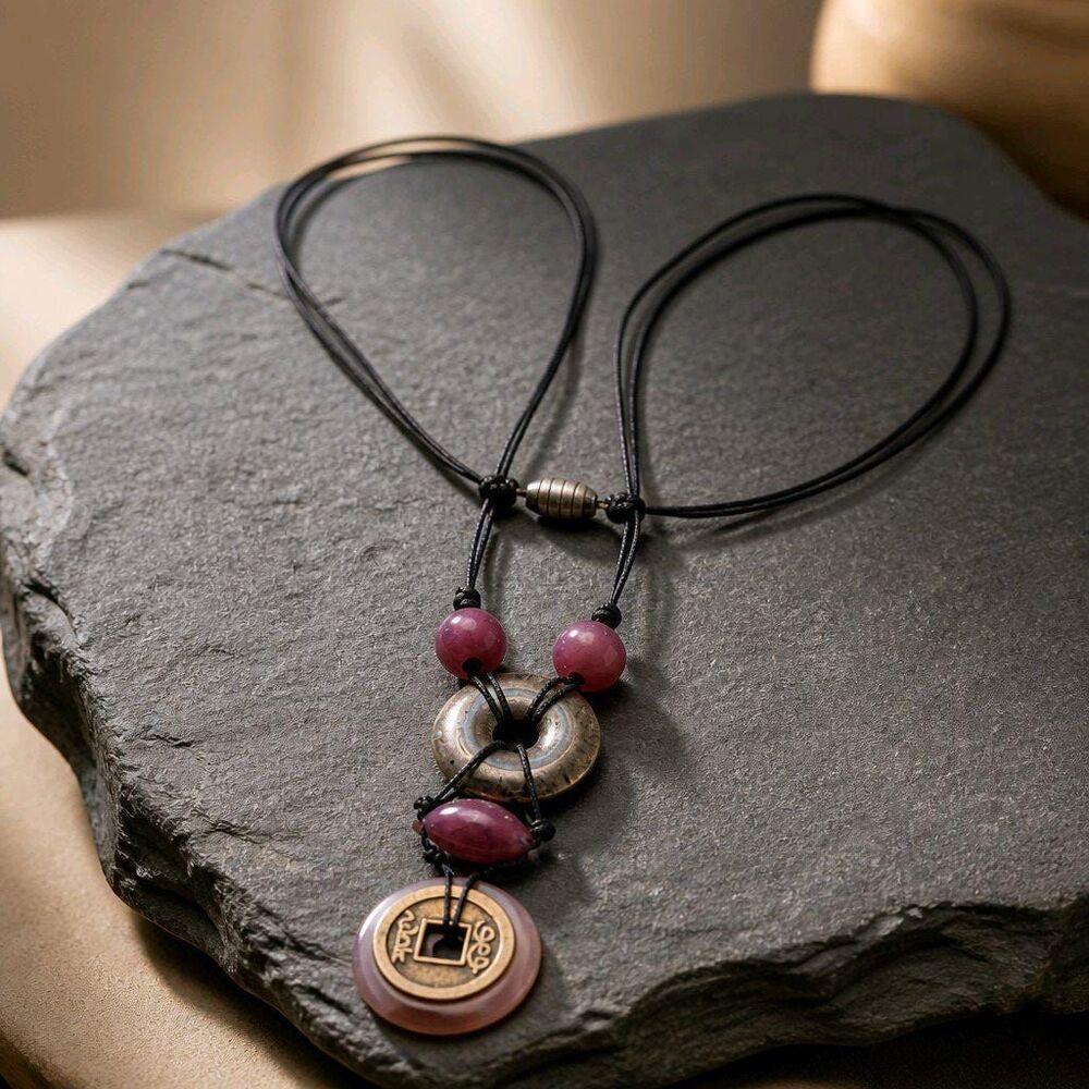 Handcrafted Feng Shui Good-Luck Amulet Design Beaded Pendant Rope Necklace